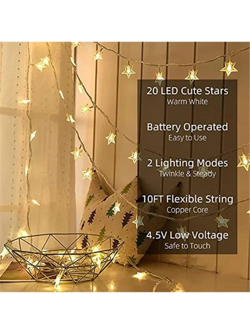 Star String Fairy Lights Warm White 10FT 20 LED Battery Powered Bedroom Decor